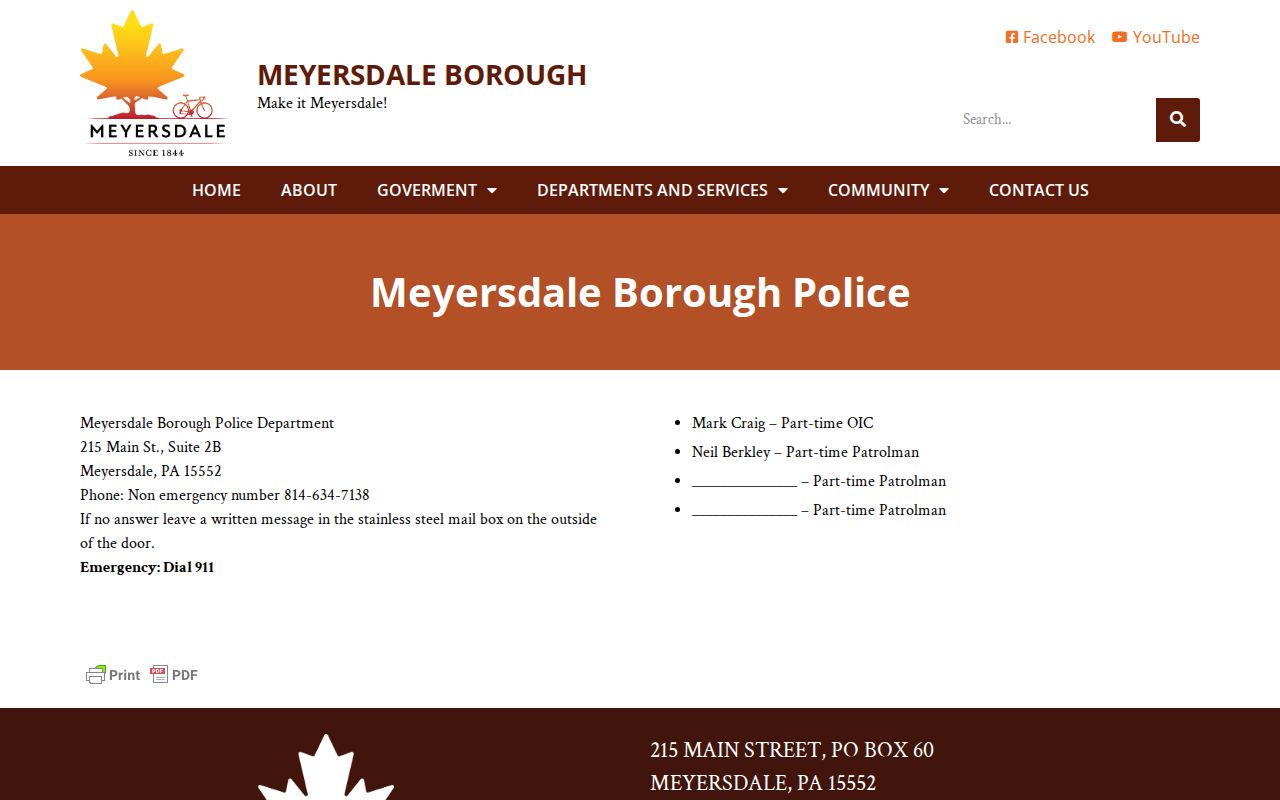 Meyersdale Borough Police page for Somerset County arrest-record contact