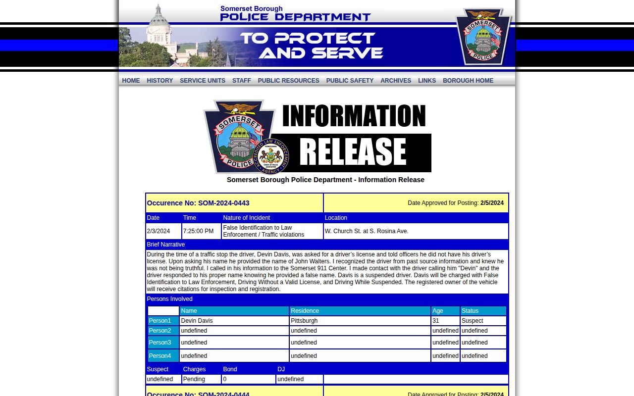 Somerset County legacy Borough Police information-release record interface